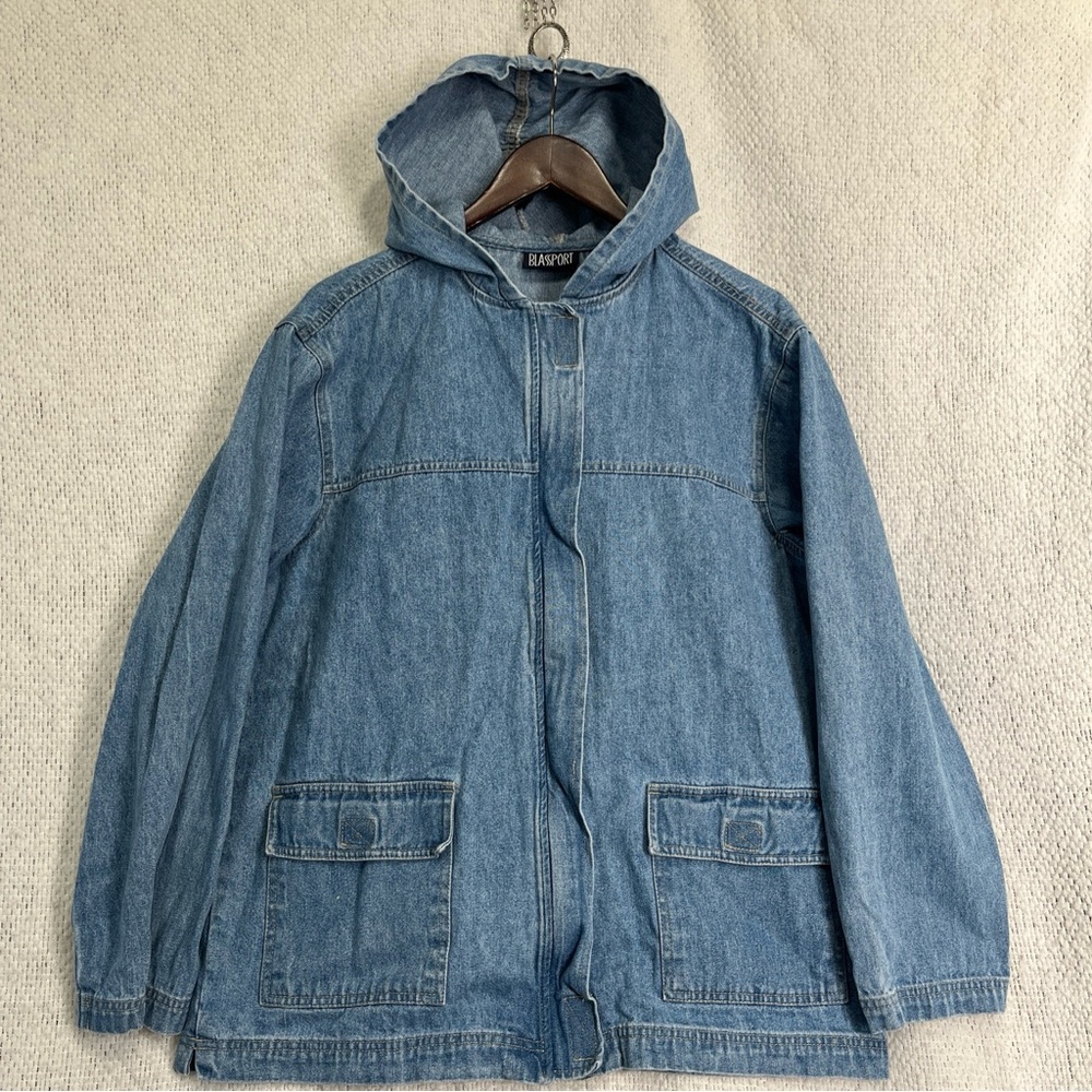 Vintage Blassport Large Women Denim Chore Jacket Hooded Pockets Zip Up Hook Loop